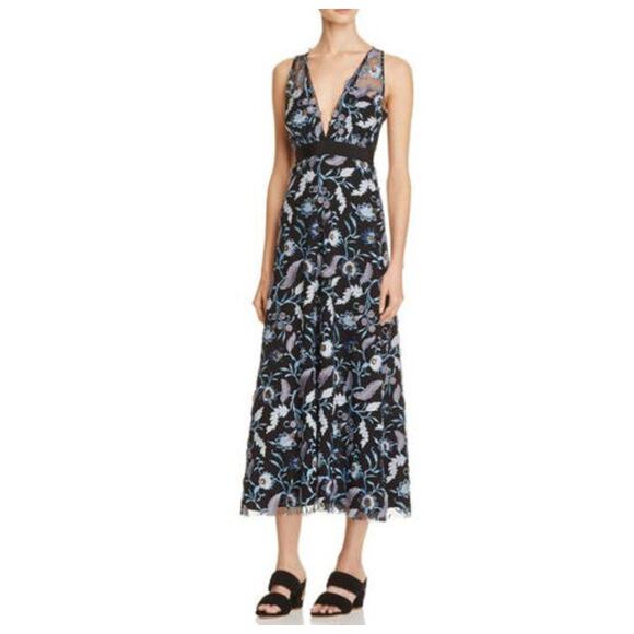 Sandro Floral Embroidered Midi Dress Black Cocktail Party Plunge V-neck Beaded - Picture 3 of 16